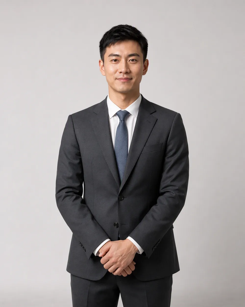 Suit arang, tali leher biru × studio kelabu muda